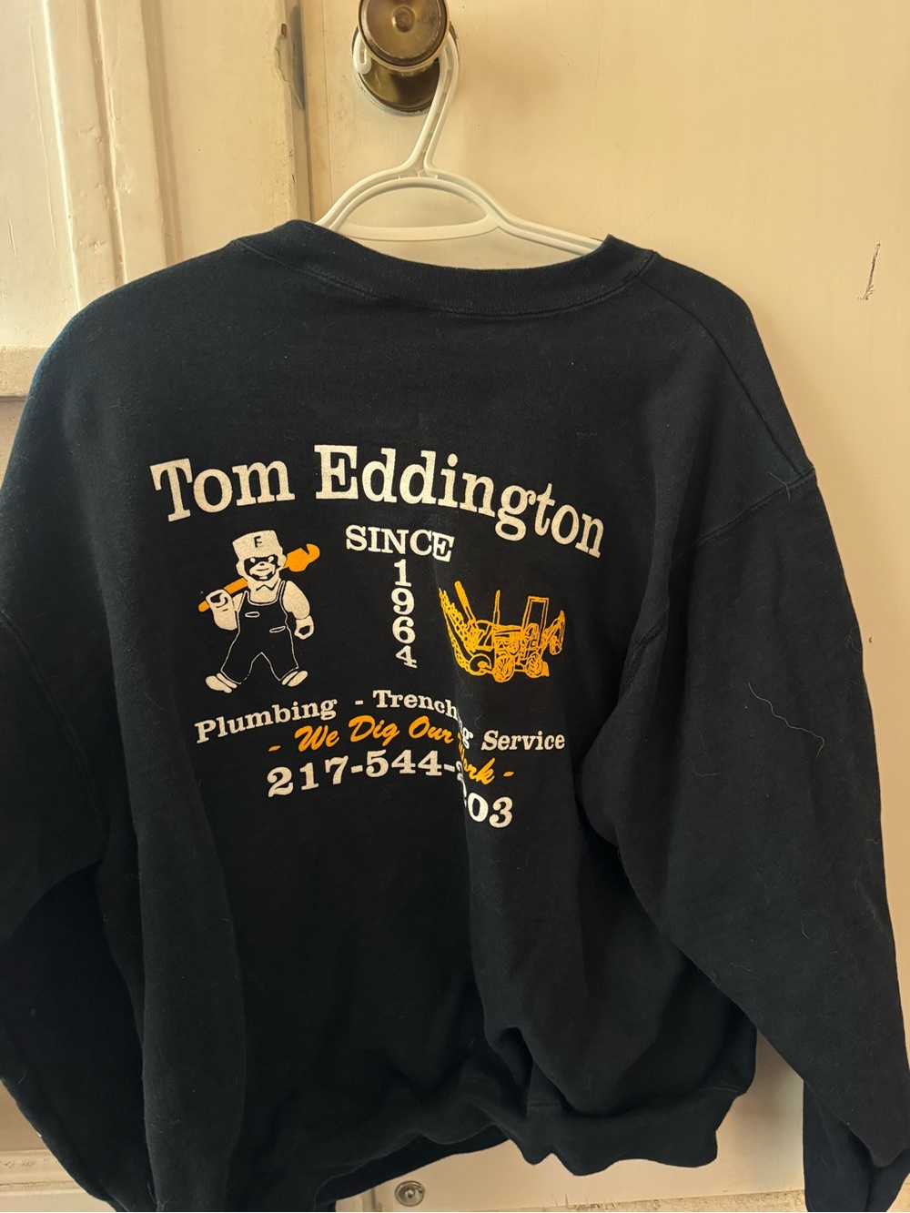 Black Vintage Crewneck Sweatshirt with Small Chest Logo Plumbing Tom Eddington - Picture 2 of 3